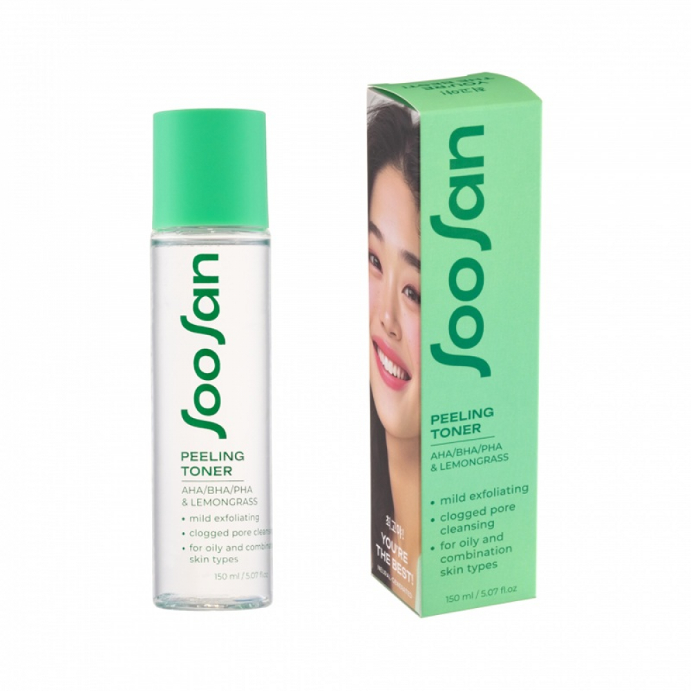 Мягкий отшелушивающий тонер с кислотами и экстрактом лемонграсса SOOSAN Peeling Toner with AHA/BHA/PHA &amp; Lemongrass 150ml