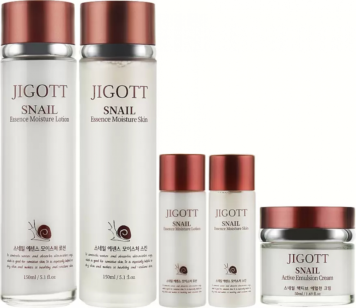 Jigott Snail Essence Moisture Skin Care 3set Набор: Увлажняющий тонер для лица с муцином улитки, Увлажняющая и успокаивающая эмульсия-крем с муцином