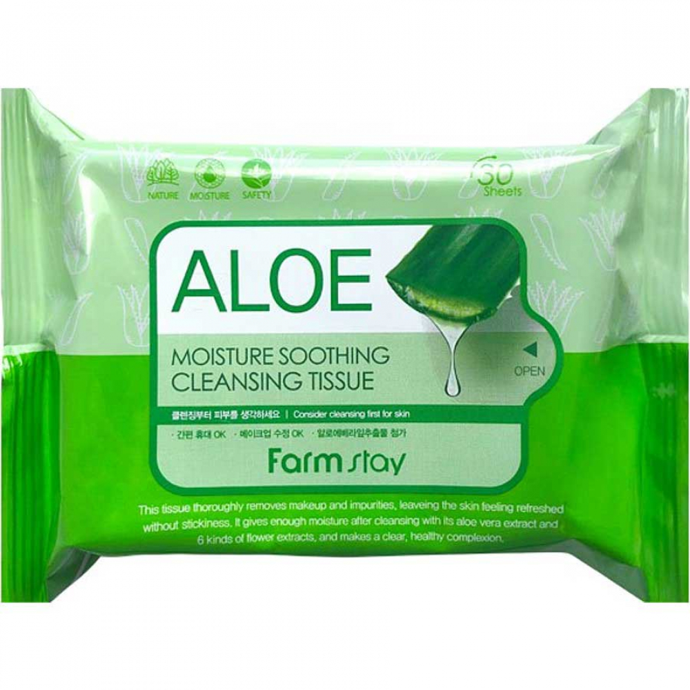 Очищающие увлажняющие салфетки с экстрактом алоэ FarmStay Aloe Moisture Soothing Cleansing Tissue 30 pieces