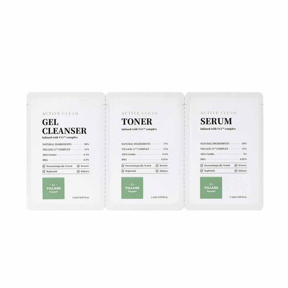 Village 11 Factory Active Clean Sample Pouch Набор: Очищающий гель для умывания, Очищающий тонер, Очищающая сыворотка 3 x 1,5ml